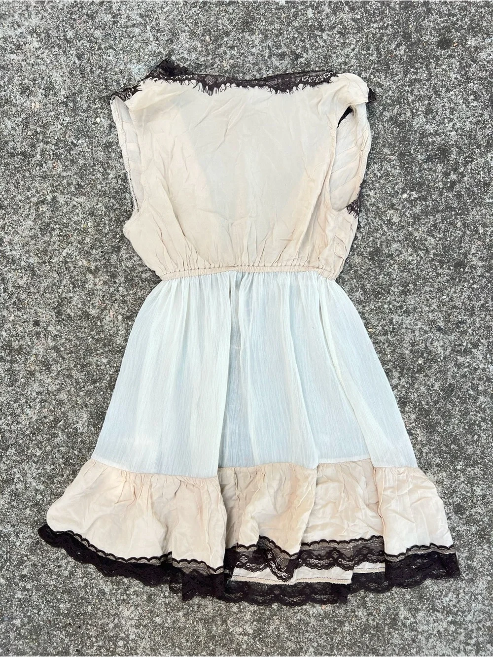 Vintage Beige Lace Slip Dress Tie Front Ruffle Mini Nightgown Lingerie Size M